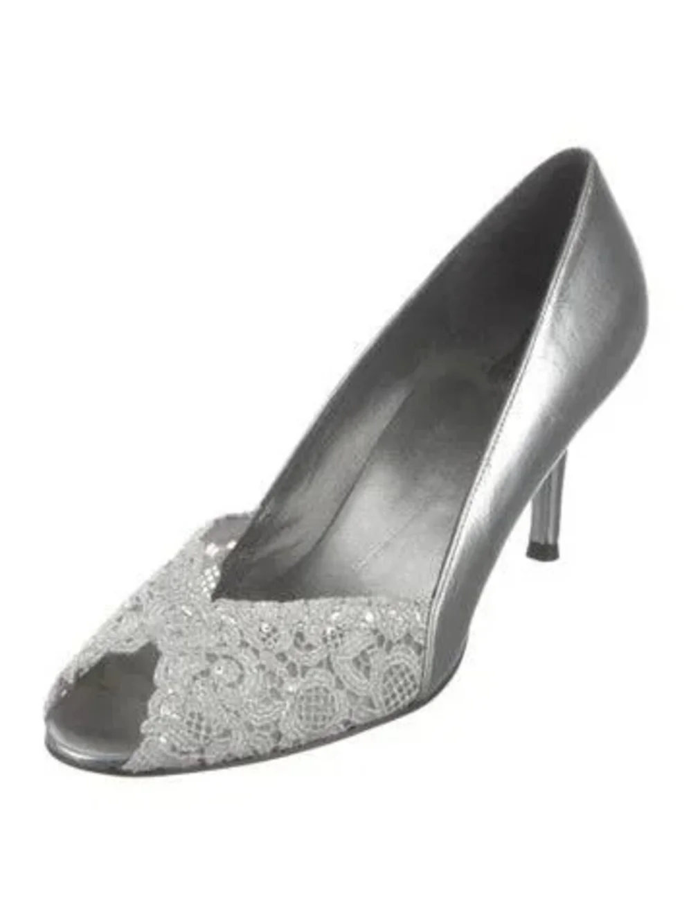 Stuart Weitzman Silver Lace Peep-Toe Heel